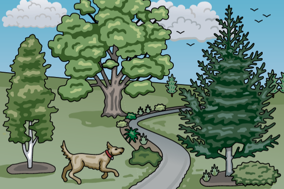 A cartoon of a dog walking through a park.