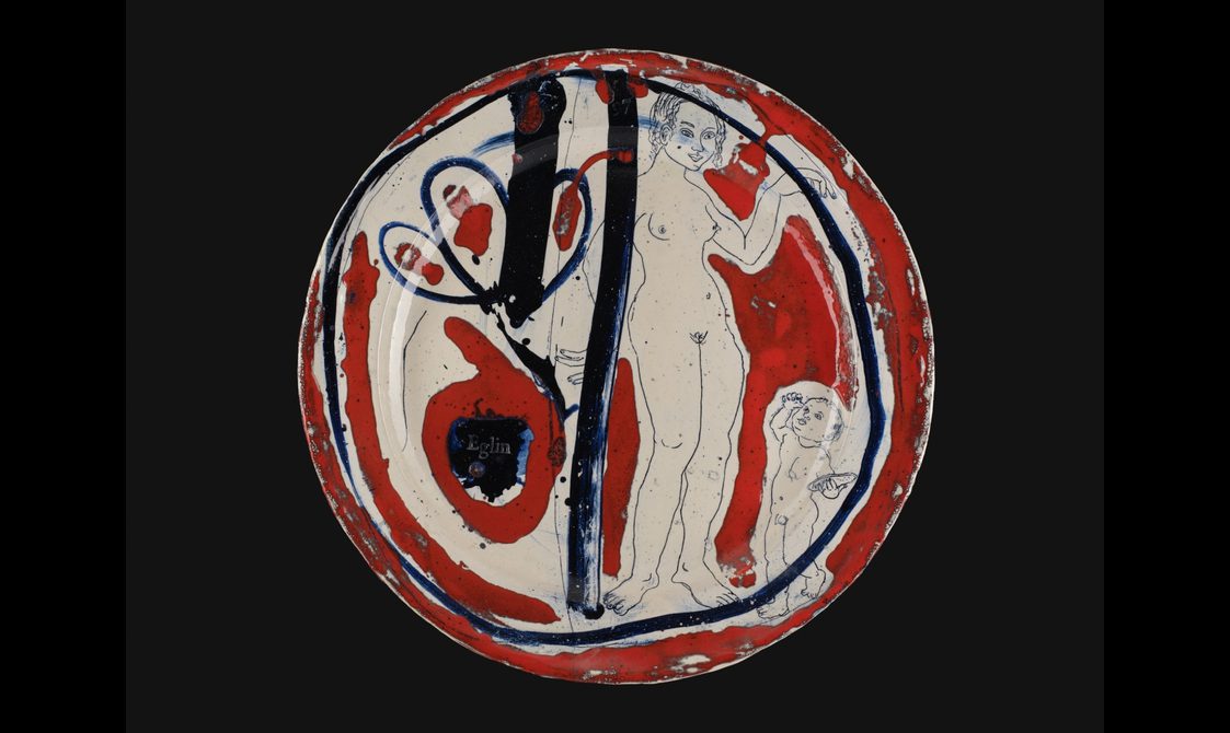Glazed ceramic dish in red, white and black featuring an artistic illustration of a naked woman and child