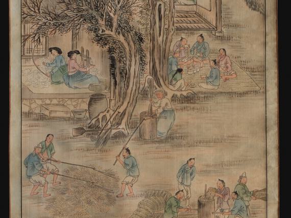 Close up of a section of paper scroll showing illustrations of people washing clothes and others sitting on a blanket under a tree eating.