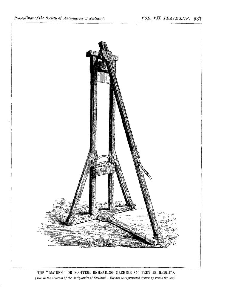 A sketched drawing of a wooden guillotine.