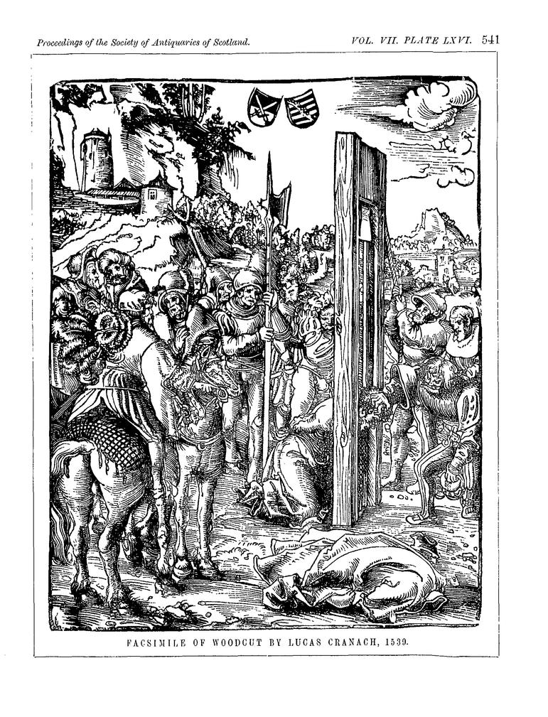 A drawing of a guillotine surrounded by people and a horse.