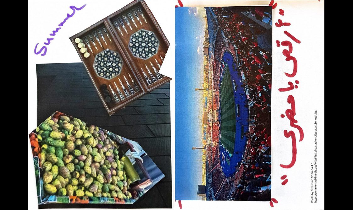 A zine from the workshop. The zine has a collage of images showing a Tawla board, fruit, and Cairo football stadium.