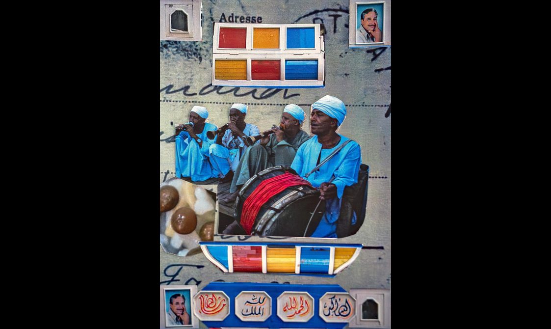A zine with a collage of images showing different aspects of Egyptian culture. The centre of the collage features four musicians, three are playing a trumpet-like instrument, and one is playing a large drum.