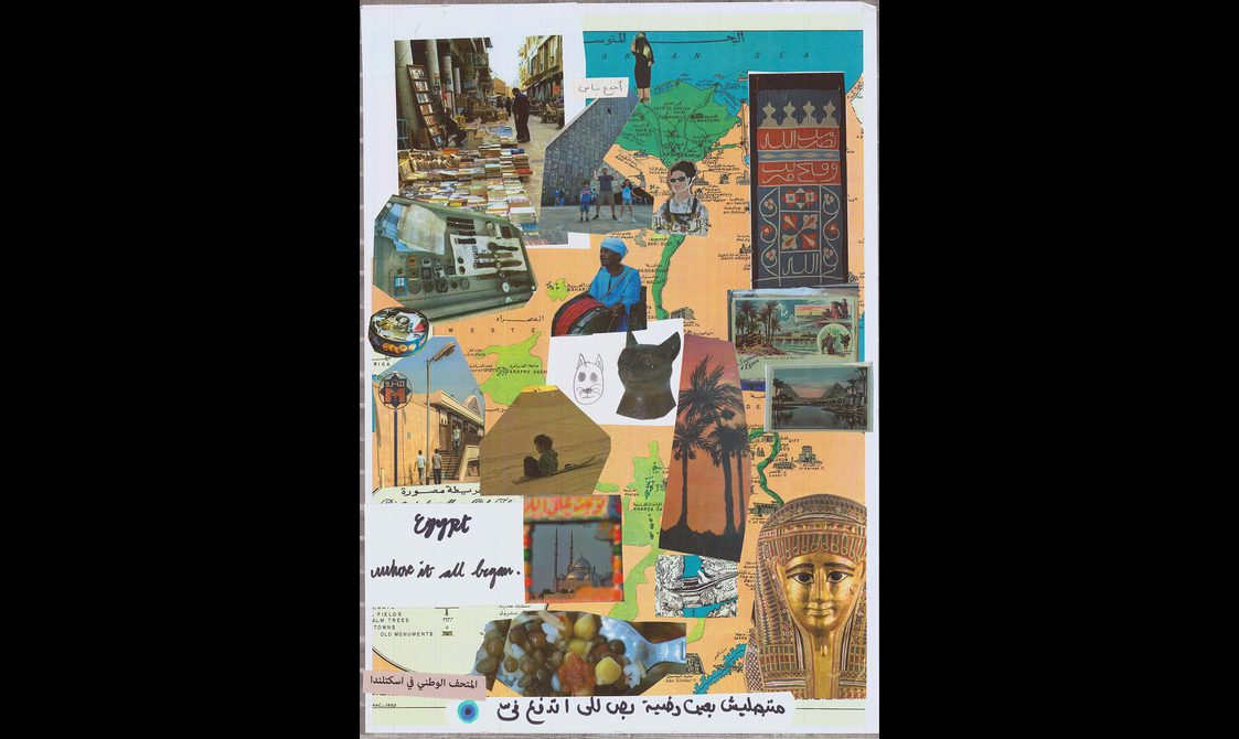 A zine map of Egypt showing different aspects of Egyptian culture, including food, shops, and landmarks.