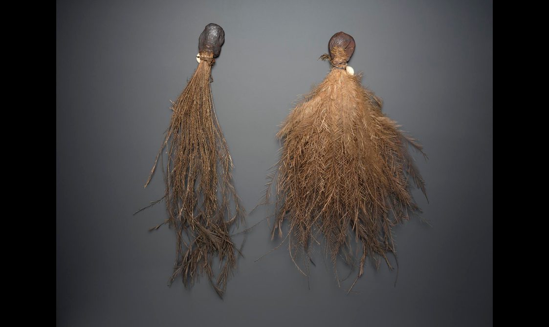Two bunches of emu feathers bound together with resin at the top