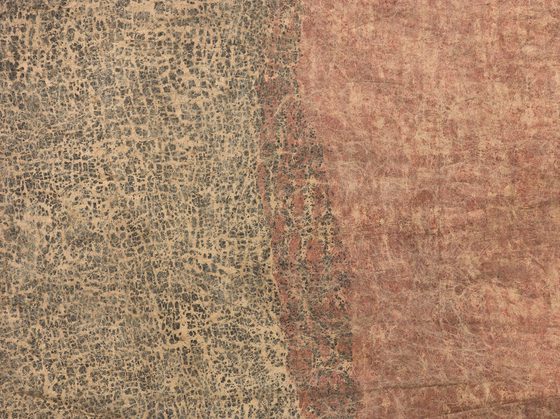 Detail of a white barkcloth with broad stripes in dark grey and pink.