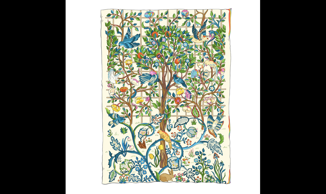 A colourful illustration of an embroidered panel showing a pomegranate tree, roses and other flowers, foliage and birds.