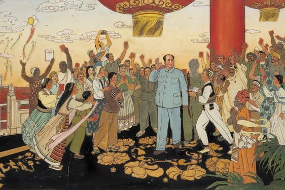 A lacquer plaque of lots of different people waving small red books in the air gathering around Chairman Mao.