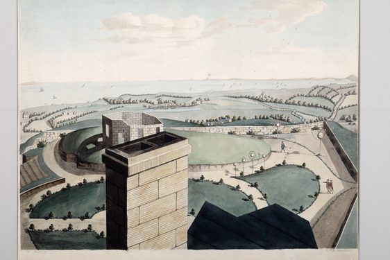 Aquatint of a view from Calton Hill, Edinburgh, including an observatory in the foreground and the water in the distance.