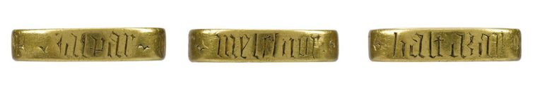 Three views of a gold ring with inscription reading CASPAR, MELCHIOR, BALTAZAR
