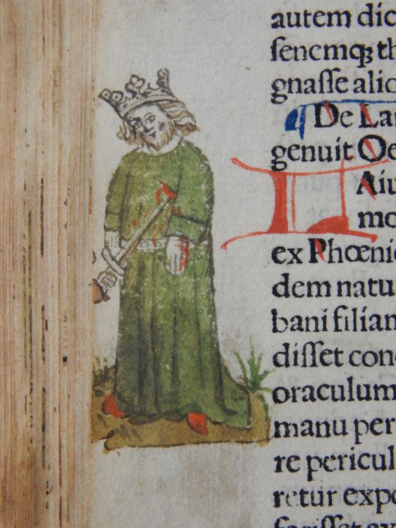 An illustrated figure wearing a green garment in the margin of a page holds a sword, which seems to puncture their chest.