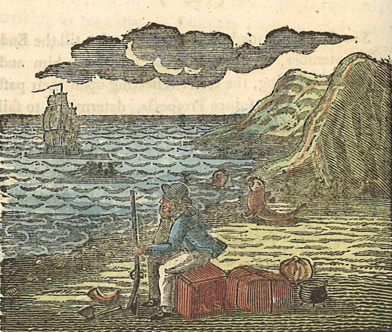 Woodcut of Alexander Selkirk sitting on a woven case holding the long barrel of a gun, watching a boat going out to sea. A seal yawns behind him.