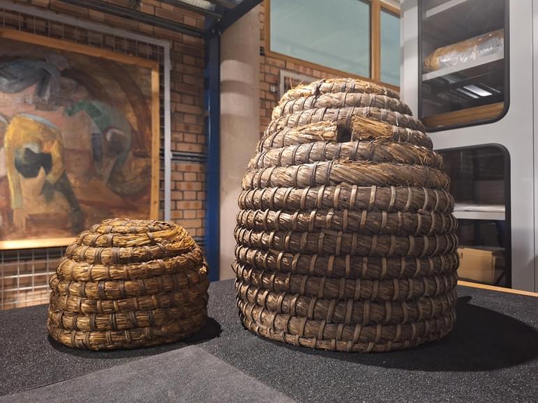 Two bee skeps made out of straw - a traditional beehive that looks like an upturned straw basket