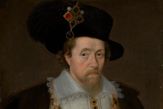 A painting of a man from the waist up with brown wavy hair and a mustache and goatee. He wears a black hat with a jewelled brooch and a white jacket with a lace collar under a black cloak.