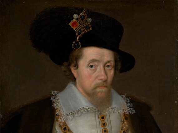 A painting of a man from the waist up with brown wavy hair and a mustache and goatee. He wears a black hat with a jewelled brooch and a white jacket with a lace collar under a black cloak.