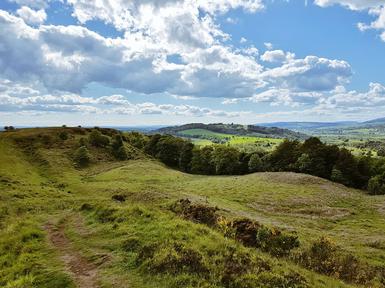 Green hills under a bright, sunny sky. A ridge line traces the now vanished Antonine Wall, with trees and fields extending in the distance.
