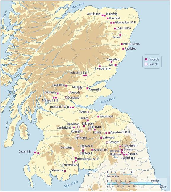Map of most of mainland Scotland with red squares showing Roman forts concentrated in southern Scotland the the east coast.