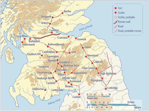 Yellow and brown map of southern Scotland with red lines traversing the Lothians depicting roads, flanked by red squares depicting forts.