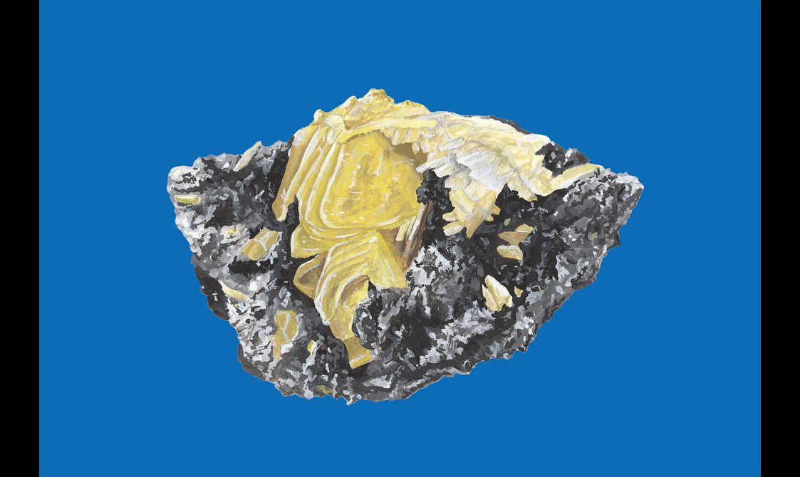 An illustration of a grey and white rock with yellow crystals coming through the surface. The rock is against a blue background