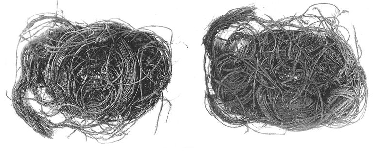 Black and white span of tangle pieces of Bronze Age horse hair hat