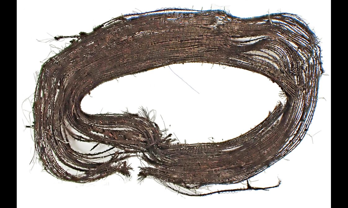 High definition scan of lower brim, single bound and broken, of Bronze Age horse hair hat