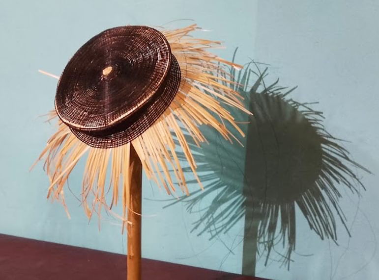 Partial reconstruction of the horse hair hat showing in progress as of May 2025