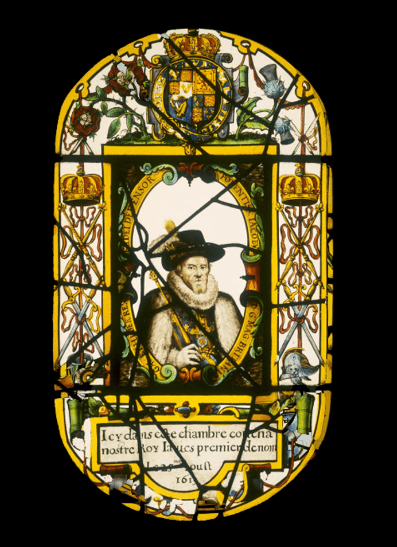 Oval glass panel of stained and painted glass with a rectangular panel in centre containing a half length portrait of James VI and I
