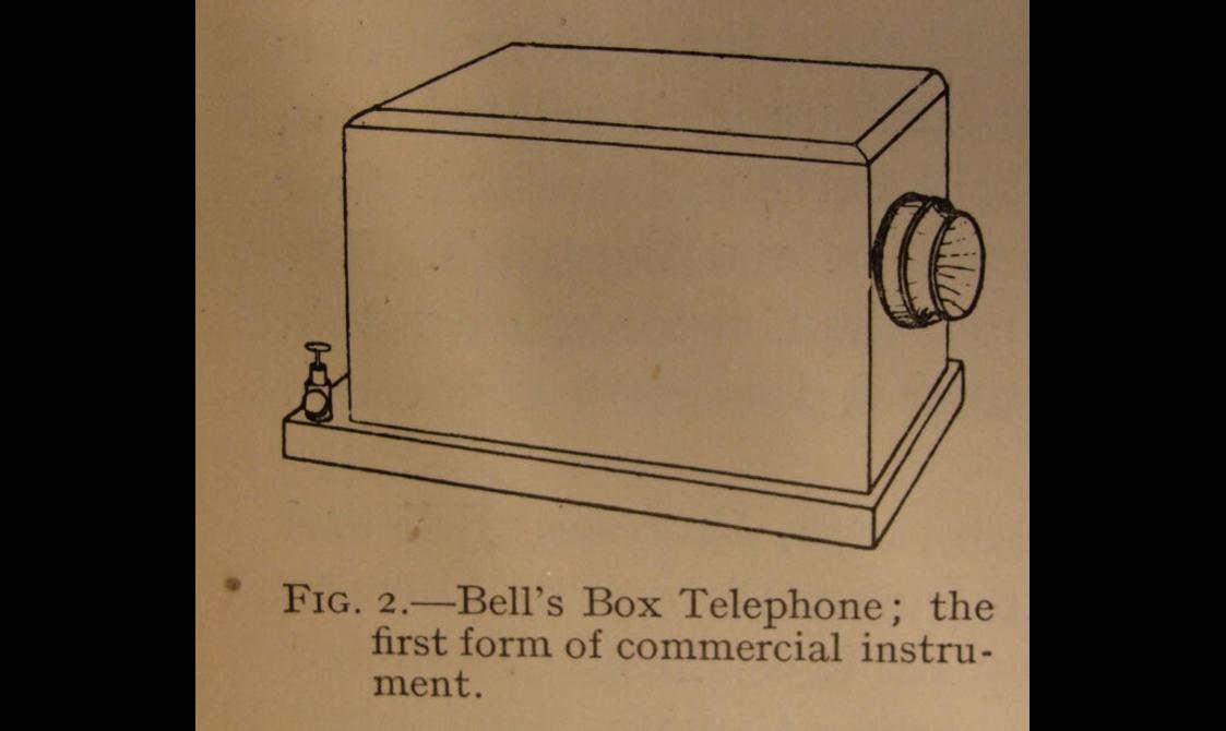 A line drawing of a box with a dial, demonstrating a box telephone