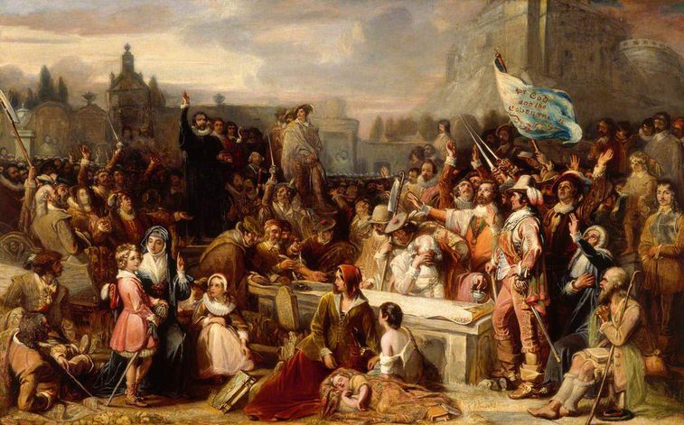 A large painting of people signing a large document surrounded by crowds including a preacher.