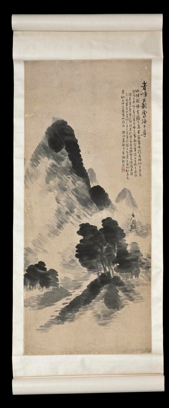 A long scroll painting of an old temple and mountains