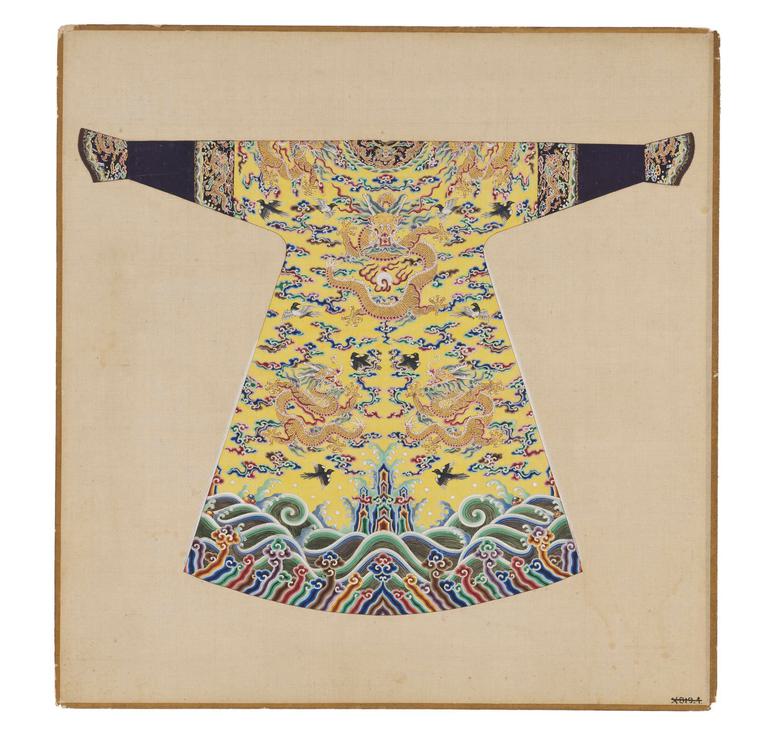 A silk painting of a yellow Chinese robe laid flat with black trim and intricate patterns.