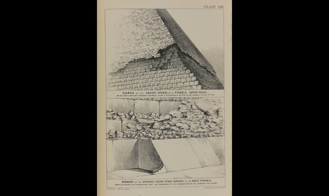 A black and white illustration of an Egyptian pyramid with outer bricks crumbling towards the bottom