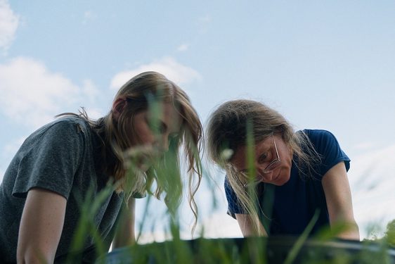 Two people are looking down at something on the ground. The framing of the shot looks like the photo has been taken from grass level in a field, and the sky is blue behind them.