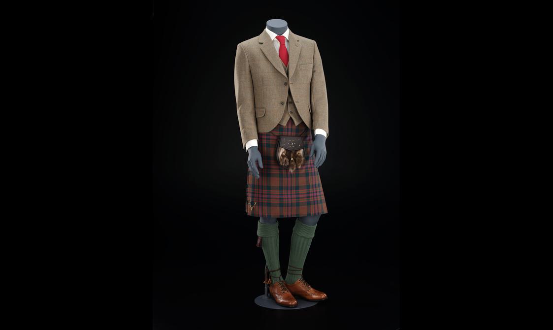 A mannequin wearing a formal Highland dress outfit including a red and navy kilt, light brown jacket and waistcoat, white shirt and red tie, with green kneehigh socks and a sporran.