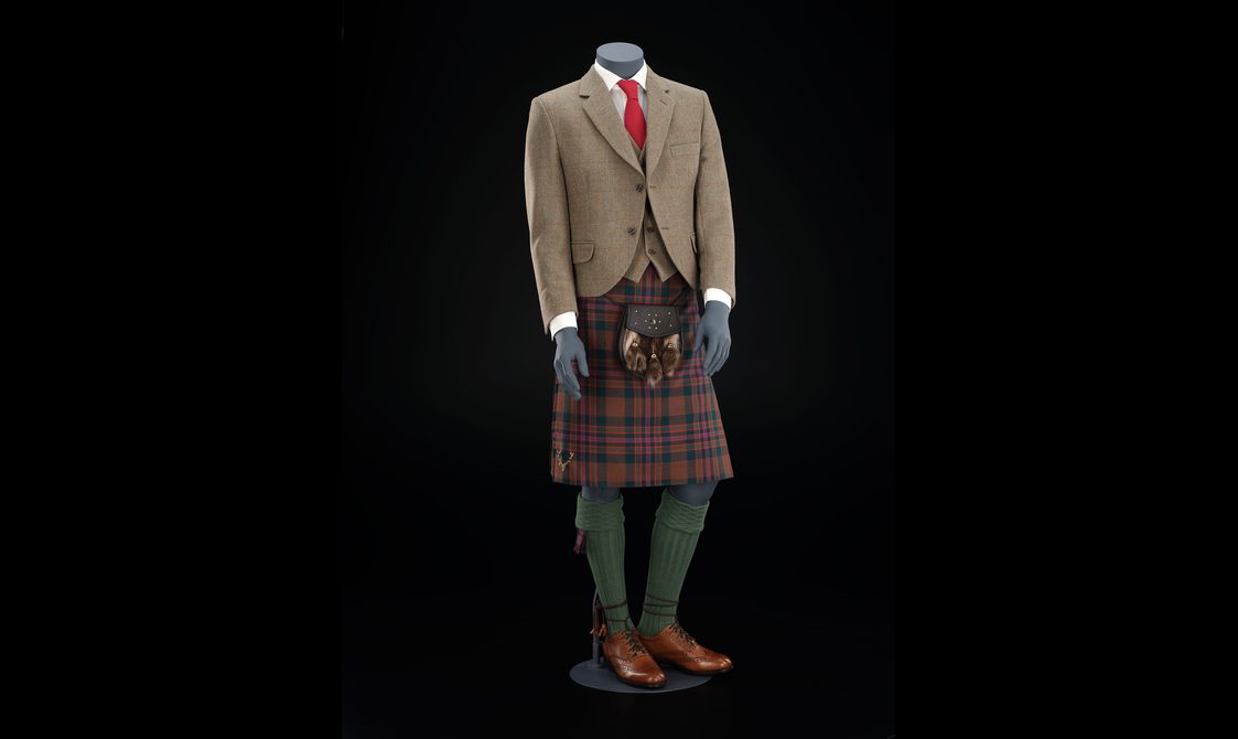 A mannequin wearing a formal Highland dress outfit including a red and navy kilt, light brown jacket and waistcoat, white shirt and red tie, with green kneehigh socks and a sporran.
