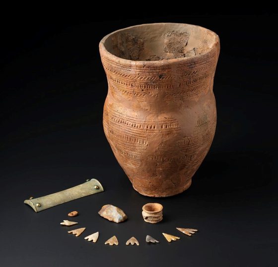 A colour photograph showing the findings from the site against a black background including the clay bowl ring, stone flint, arrowheads, bone ring, amber bead and stone wristguard.
