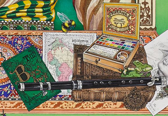 A detail of a colourful painting depicting various objects on a table with a patterned tablecloth including books, a flute, and a paintbox