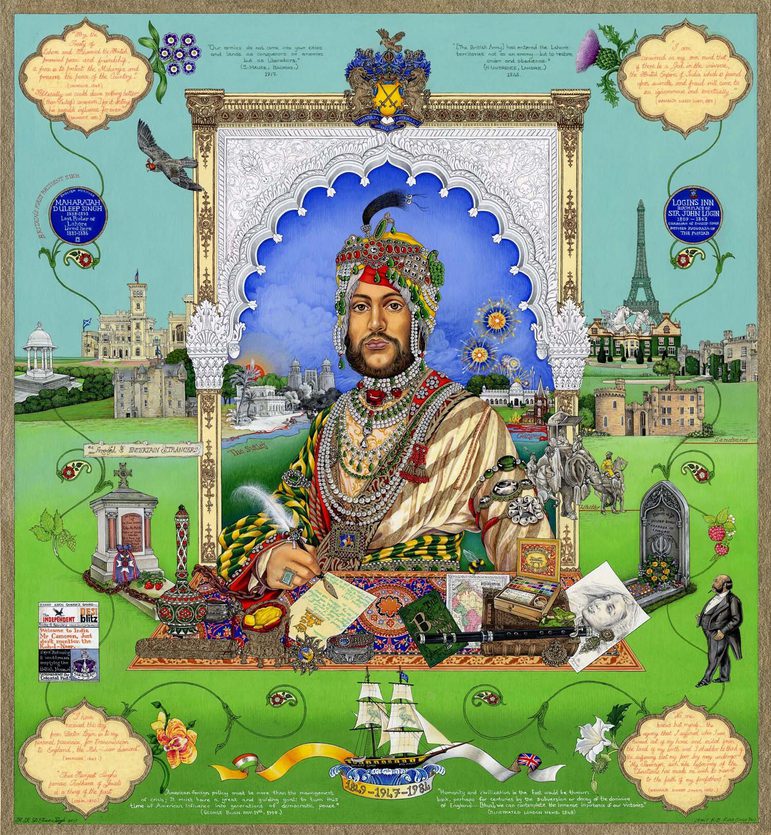 Colourful painted portrait of a man with a beard wearing a jeweled turban. He is writing a letter with a feather pen on a desk full of items. The background is a simple green ground and blue sky embellished with landmarks of different cities and other objects.