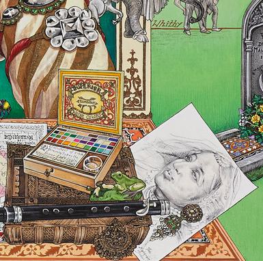 Detail of a colourful painting depicting a set of paints, a flute, a puzzle, a book, and a drawing with a pea hovering above.