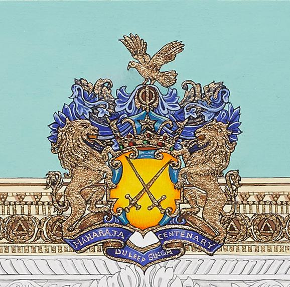 A detail of a colourful painting depicting a royal crest affixed to the top of a building