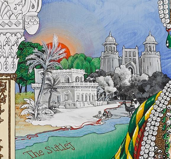 A detail of a colourful painting depicting a palace by the sea with a palm tree and the sun setting behind.