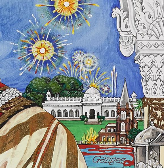 A detail of a colourful painting depicting fireworks above a palace like building