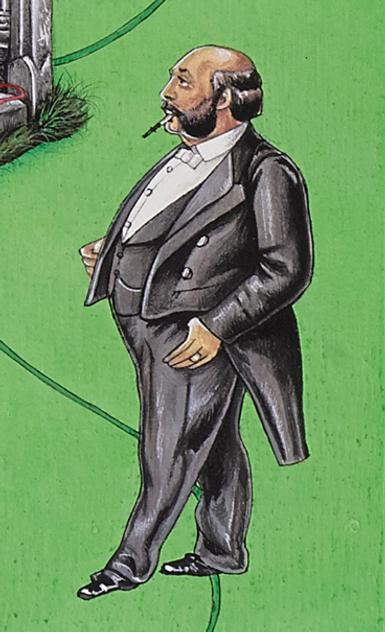 A detail of a colourful painting depicting a man in a black tie suit on a green background