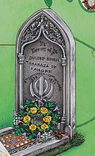 A detail of a colourful painting showing a grey tombstone with a green wreath with yellow flowers laid on top