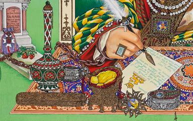 A detail of a colourful painting depicting a man's hand writing a letter on a desk with a decorative mat and various objects including.