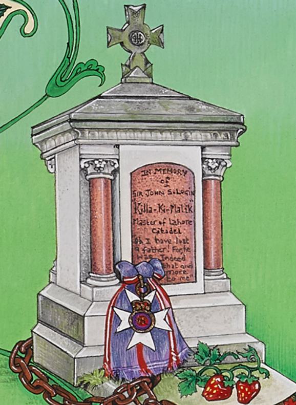 A detail of a colourful painting depicting an elaborate tombstone with a medal laid against it and strawberries on top of the grave. The background is green.