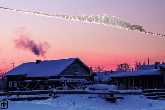 Snow covered houses separated by wooden fences, set against a light pink sky with a plume of smoke streaking through the sky