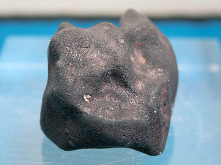 A grey meteorite with pinkish brown flecks sitting on a blue surface