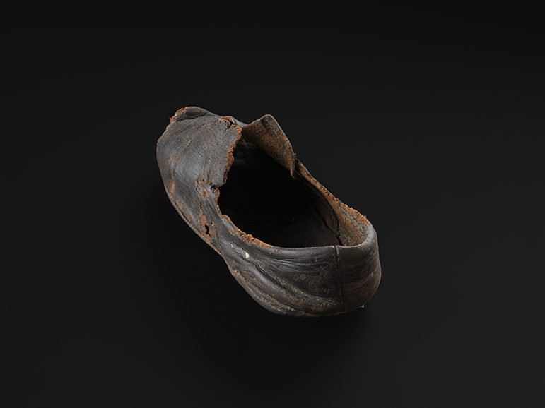 A slightly pointed, dark leather shoe.