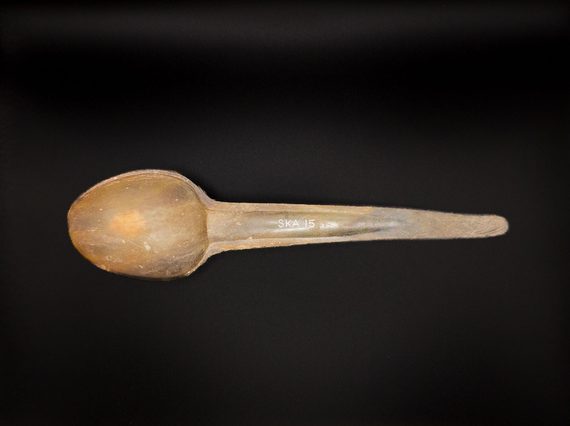 A small carved spoon made from the horn of an animal.